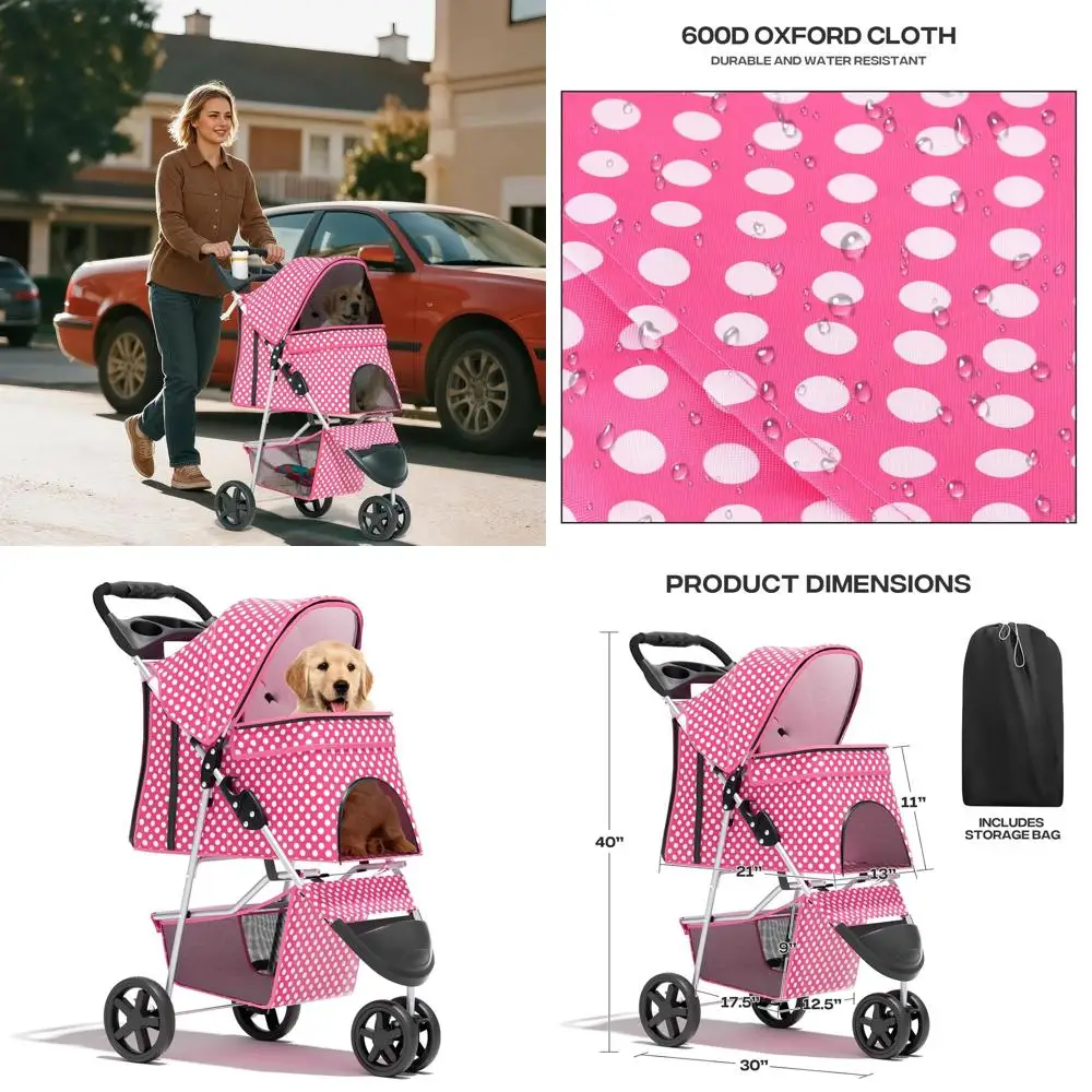 Компактная коляска для собак и кошек весом до 30 фунтов, 3-колесная прогулочная коляска с местом для хранения и подстаканником, дизайн с розовыми горошками
Компактная коляска для собак и кошек весом до 30 фунтов, 3-колесная прогулочная коляска с местом для хранения и подстаканником, дизайн с розовыми горошками