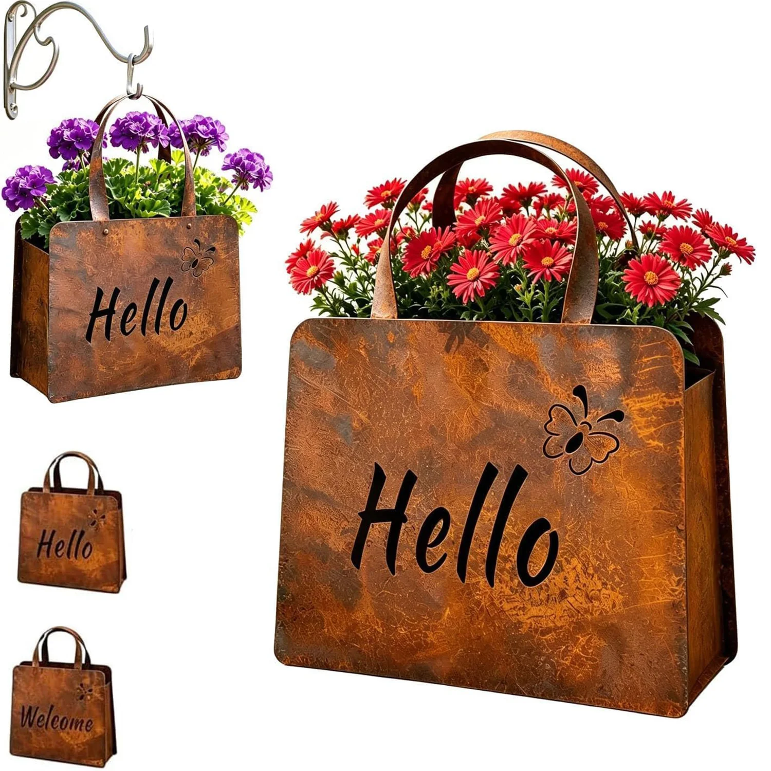 Vintage Metal Handbag Planter with Hello & Welcome Rustic Iron Purse Flower Box with Curved Handle Outdoor Patio Porch Yard Art
Vintage Metal Handbag Planter with Hello & Welcome Rustic Iron Purse Flower Box with Curved Handle Outdoor Patio Porch Yard Art