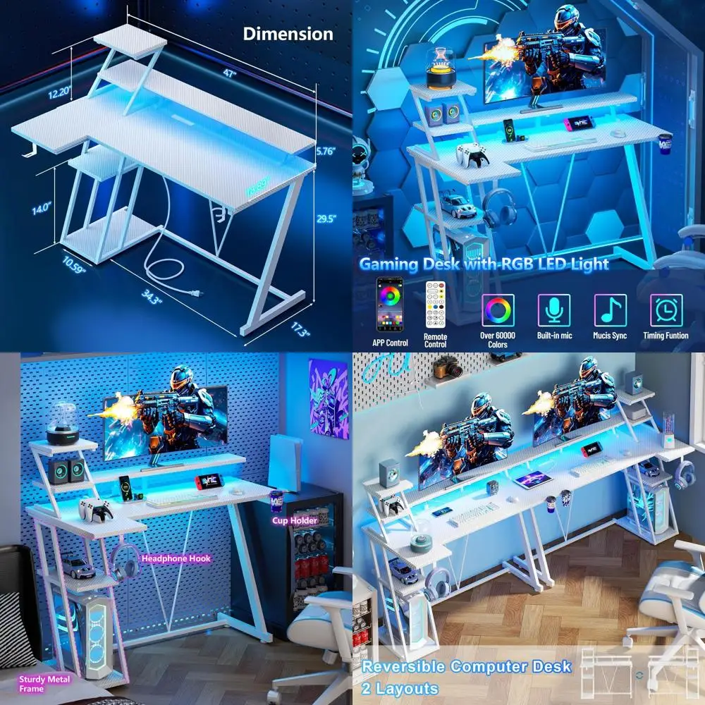 Игровой стол L-образной формы белого цвета с LED-подсветкой, объемом 47 л, с местом для хранения и розеткой для геймеров
Игровой стол L-образной формы белого цвета с LED-подсветкой, объемом 47 л, с местом для хранения и розеткой для геймеров