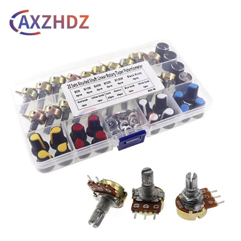 20Sets WH148 15MM Single Potentiometer KIT With Box B1K B2K B5K B10K B20K B50K B100K B250K B500K B1M,With DSSUPPLY AG3 Knobs Set
20Sets WH148 15MM Single Potentiometer KIT With Box B1K B2K B5K B10K B20K B50K B100K B250K B500K B1M,With DSSUPPLY AG3 Knobs Set