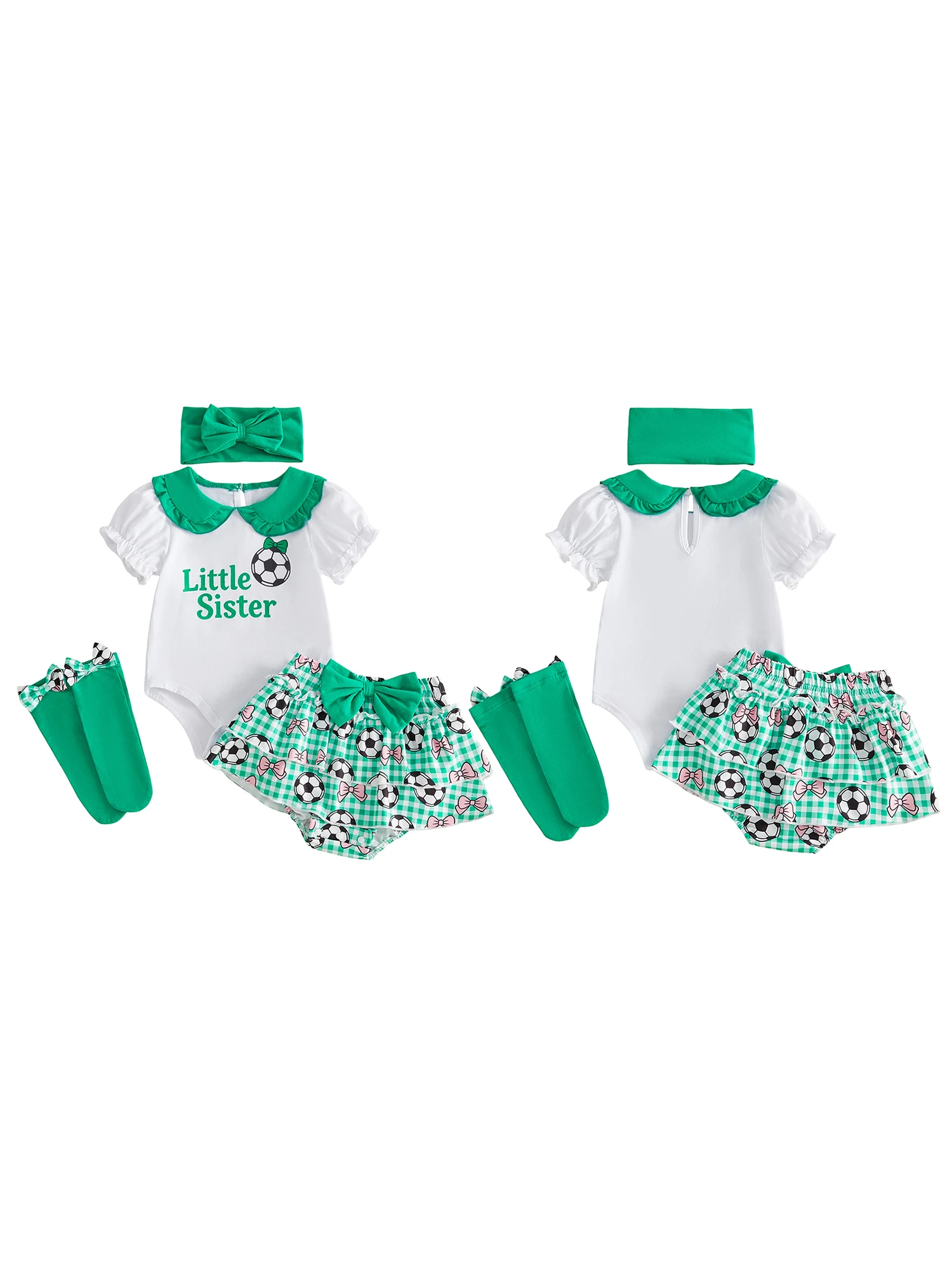 Adorable Baby Girls Summer Set with Flutter Sleeve Romper Soccer Print Shorts Headband and Socks - Perfect for Sunny Days
Adorable Baby Girls Summer Set with Flutter Sleeve Romper Soccer Print Shorts Headband and Socks - Perfect for Sunny Days