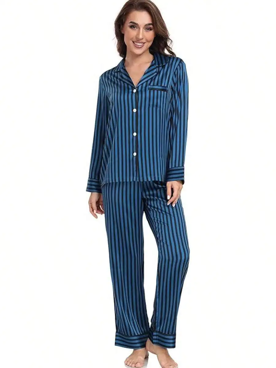 Womens Satin Striped Long Sleeve Button Down Pajama Set Sleepwear Two Piece
Womens Satin Striped Long Sleeve Button Down Pajama Set Sleepwear Two Piece