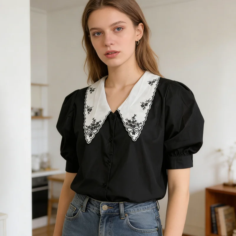 2026 Summer Embroidered Casual Women's Shirt Fashion Black New Turn-down Collar Bubble Sleeves Girls Tops Elegant Blouse
2026 Summer Embroidered Casual Women's Shirt Fashion Black New Turn-down Collar Bubble Sleeves Girls Tops Elegant Blouse
