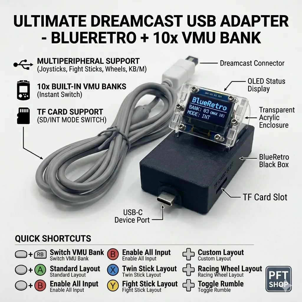 Premium USB to Sega Dreamcast Controller Adapter with 10x Built-in VMU & TF Card Support
Premium USB to Sega Dreamcast Controller Adapter with 10x Built-in VMU & TF Card Support