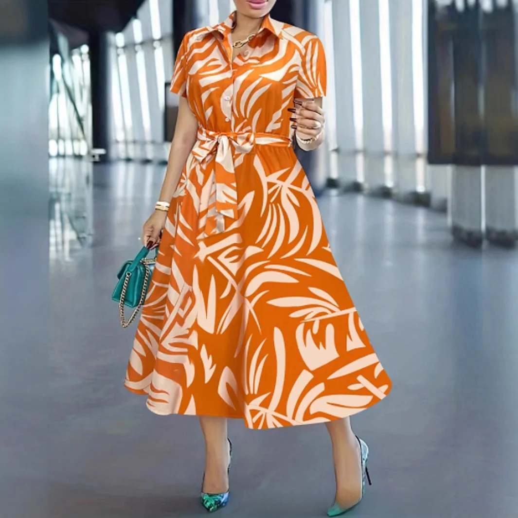 Fashionable Tropical Print Belted Short Sleeve Long Dress Shirt Women's Summer Clothing Cleanfit Style Polyester Fiber Dress
Fashionable Tropical Print Belted Short Sleeve Long Dress Shirt Women's Summer Clothing Cleanfit Style Polyester Fiber Dress