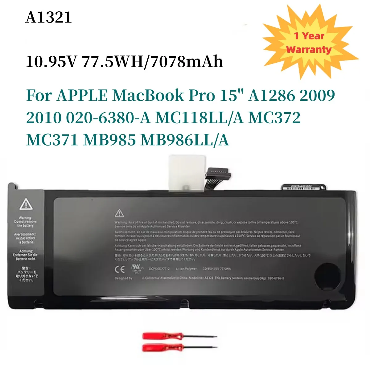 New A1321 Laptop Battery for APPLE MacBook Pro 15" A1286 2009 2010 020-6380-A MC118LL/A MC372 MC371 MB985 MB986LL/A 6 cells
New A1321 Laptop Battery for APPLE MacBook Pro 15" A1286 2009 2010 020-6380-A MC118LL/A MC372 MC371 MB985 MB986LL/A 6 cells