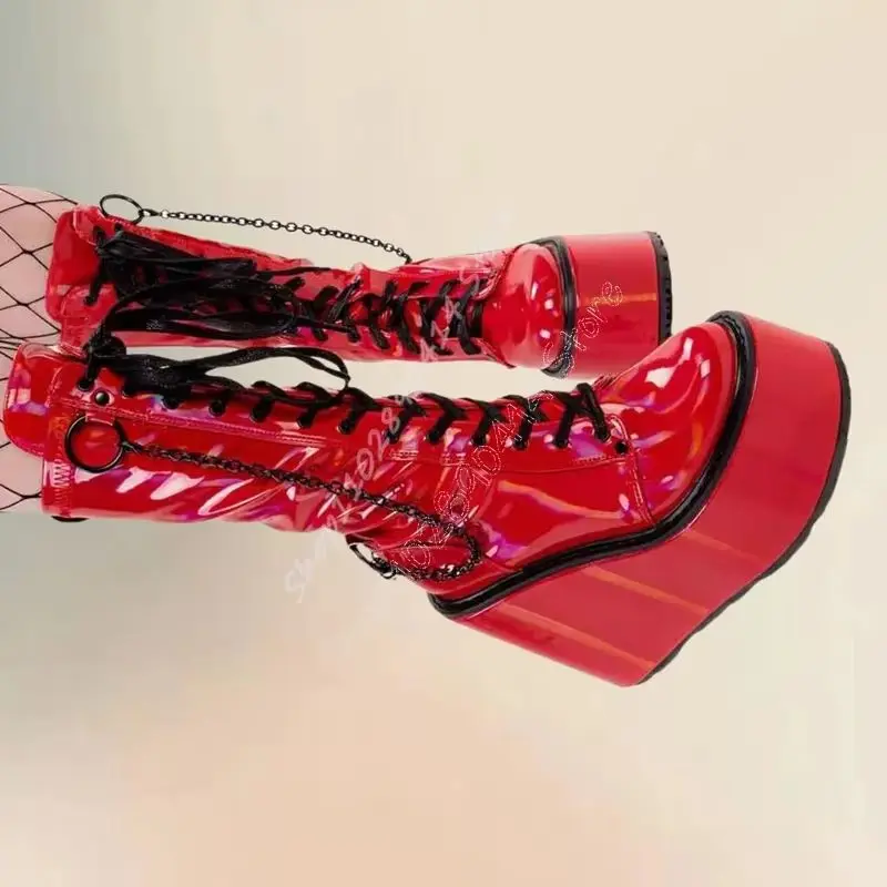 Black Chain Wedges Heel Patent Leather Platform Boots Cross Tied Women Shoes Sexy Party Feast Banquet 2026 Zapatos Para Mujere
Black Chain Wedges Heel Patent Leather Platform Boots Cross Tied Women Shoes Sexy Party Feast Banquet 2026 Zapatos Para Mujere