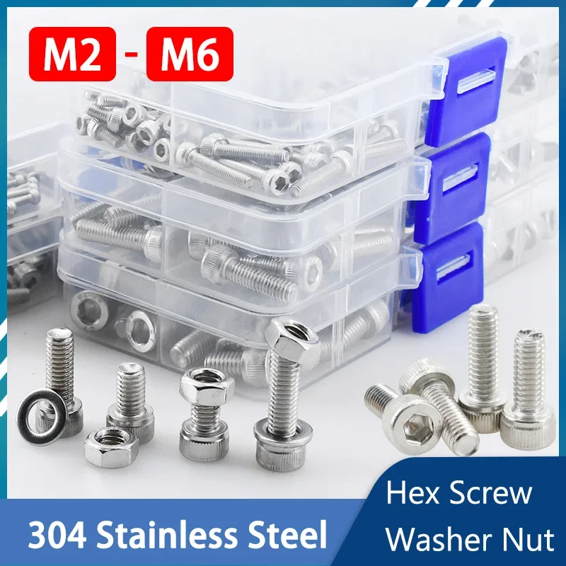M2 M3 M4 M5 M6 304 Stainless Steel Hex Socket Cap Head Screw Bolt Nut Washer Kit DIN912 Metal Machine Screws Bolts With Box
M2 M3 M4 M5 M6 304 Stainless Steel Hex Socket Cap Head Screw Bolt Nut Washer Kit DIN912 Metal Machine Screws Bolts With Box