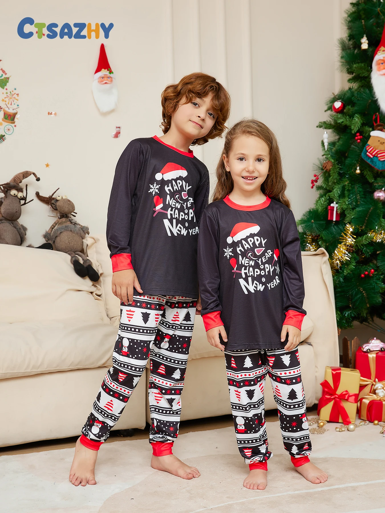 Unisex Kids' Xmas Pajama Set, Santa Hat & "Happy New Year" Graphic, Festive Patterned Sleepwear
Unisex Kids' Xmas Pajama Set, Santa Hat & "Happy New Year" Graphic, Festive Patterned Sleepwear