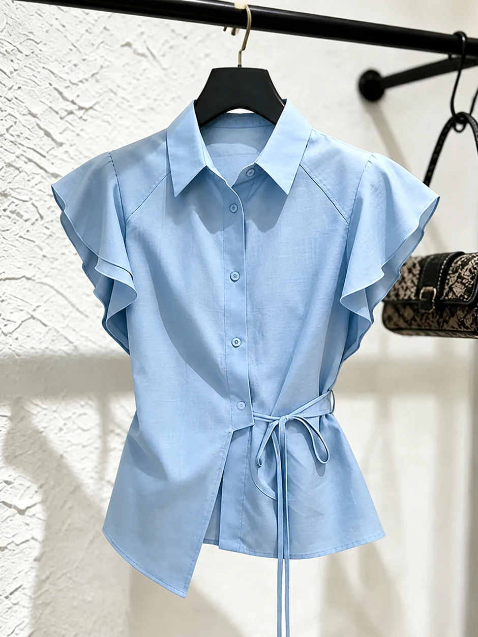 Elegant Collar Shirt Trendy Belt Slim Fit Summer Fashion Women's Shirt Small Flying Sleeve Stylish Top Korean Style
Elegant Collar Shirt Trendy Belt Slim Fit Summer Fashion Women's Shirt Small Flying Sleeve Stylish Top Korean Style