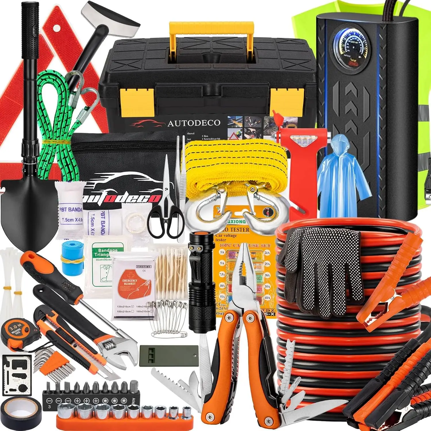 98 PCS Car Emergency Kit with Air Compressor, Jumper Cables, Safety Hammer & Tools - All-in-One Orange Set
98 PCS Car Emergency Kit with Air Compressor, Jumper Cables, Safety Hammer & Tools - All-in-One Orange Set