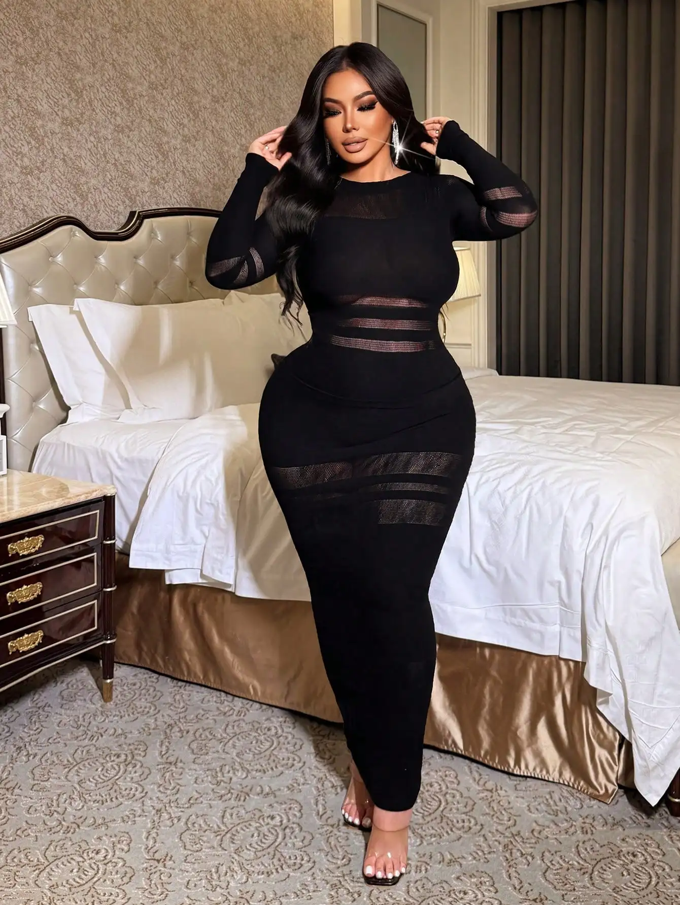 Women's Sexy Long Sleeve Midi Dress Sheer Mesh Stripe Pattern Patchwork Bodycon Party Dress Club Evening Outfit
Women's Sexy Long Sleeve Midi Dress Sheer Mesh Stripe Pattern Patchwork Bodycon Party Dress Club Evening Outfit