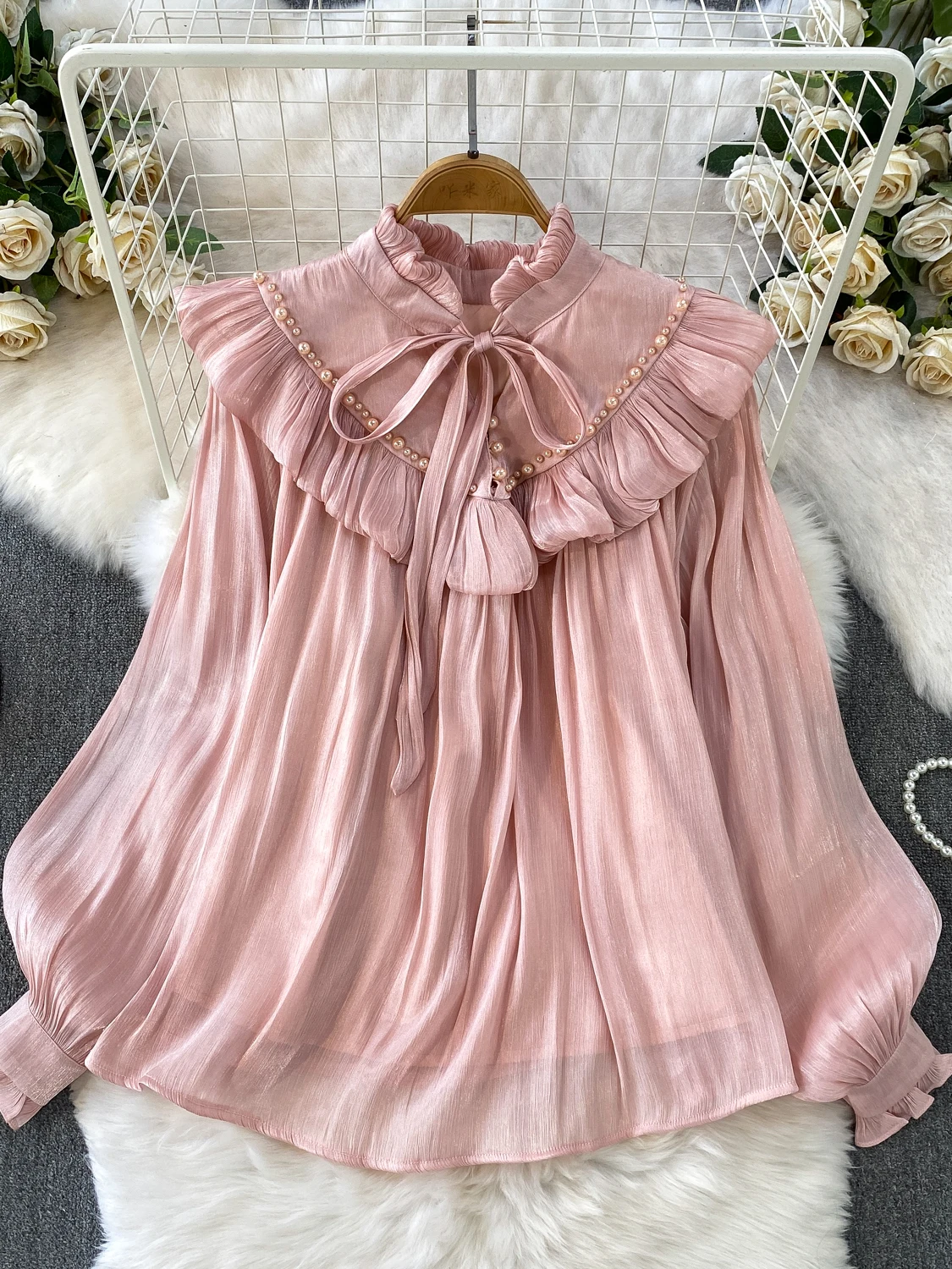 Sweet Fairy Style Long Sleeve Shirt Women's Spring Autumn Pearl Glitter Thin Veil Base Shirt Stand Collar Bow Tie Blouse
Sweet Fairy Style Long Sleeve Shirt Women's Spring Autumn Pearl Glitter Thin Veil Base Shirt Stand Collar Bow Tie Blouse