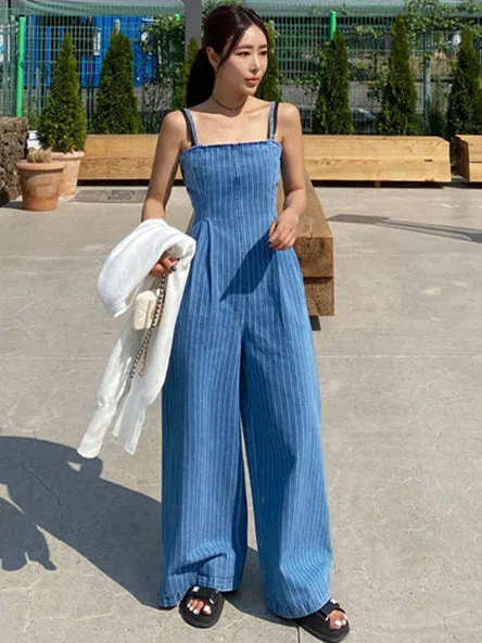Women's Denim Romper Strapless Backless High Waist Wide Leg Casual Pants Zipper Closure Stripe Pattern Spring Summer Fashion
Women's Denim Romper Strapless Backless High Waist Wide Leg Casual Pants Zipper Closure Stripe Pattern Spring Summer Fashion