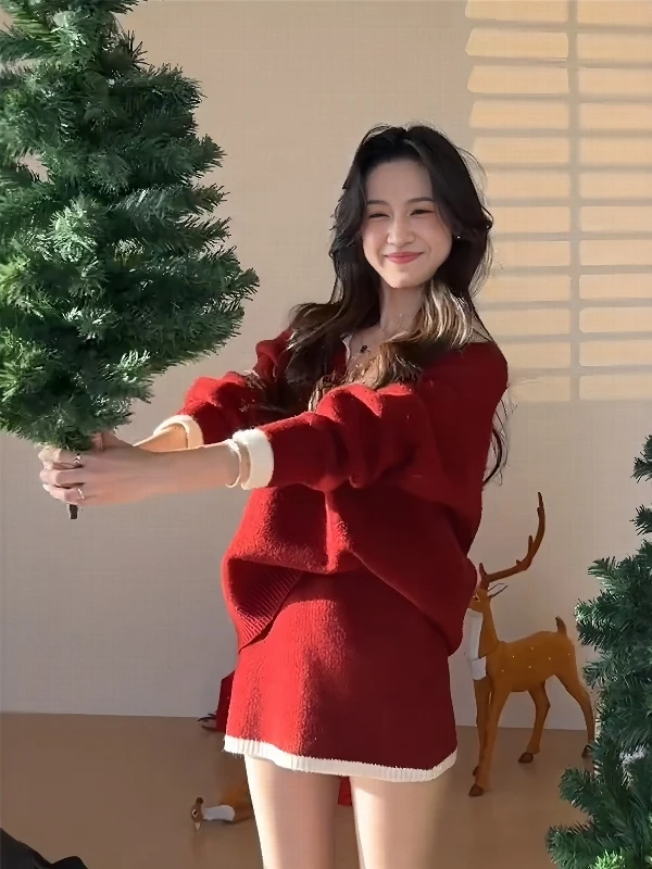 Korean Style Red Knitted Sweater And Short Skirt Set Women's Spring Lazy Slimming Two-Piece Set Christmas New Year Atmosphere
Korean Style Red Knitted Sweater And Short Skirt Set Women's Spring Lazy Slimming Two-Piece Set Christmas New Year Atmosphere
