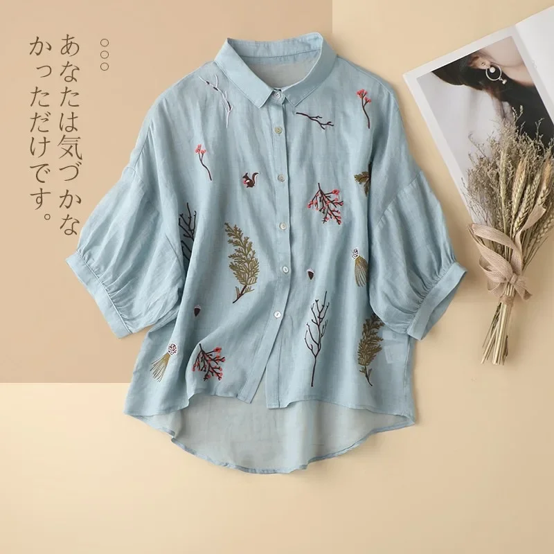 Cotton Linen Embroidered Summer Seven-point Sleeve Shirt 2025 New Literary Women Loose Large Yards Temperament Lapel Casual Tops
Cotton Linen Embroidered Summer Seven-point Sleeve Shirt 2025 New Literary Women Loose Large Yards Temperament Lapel Casual Tops