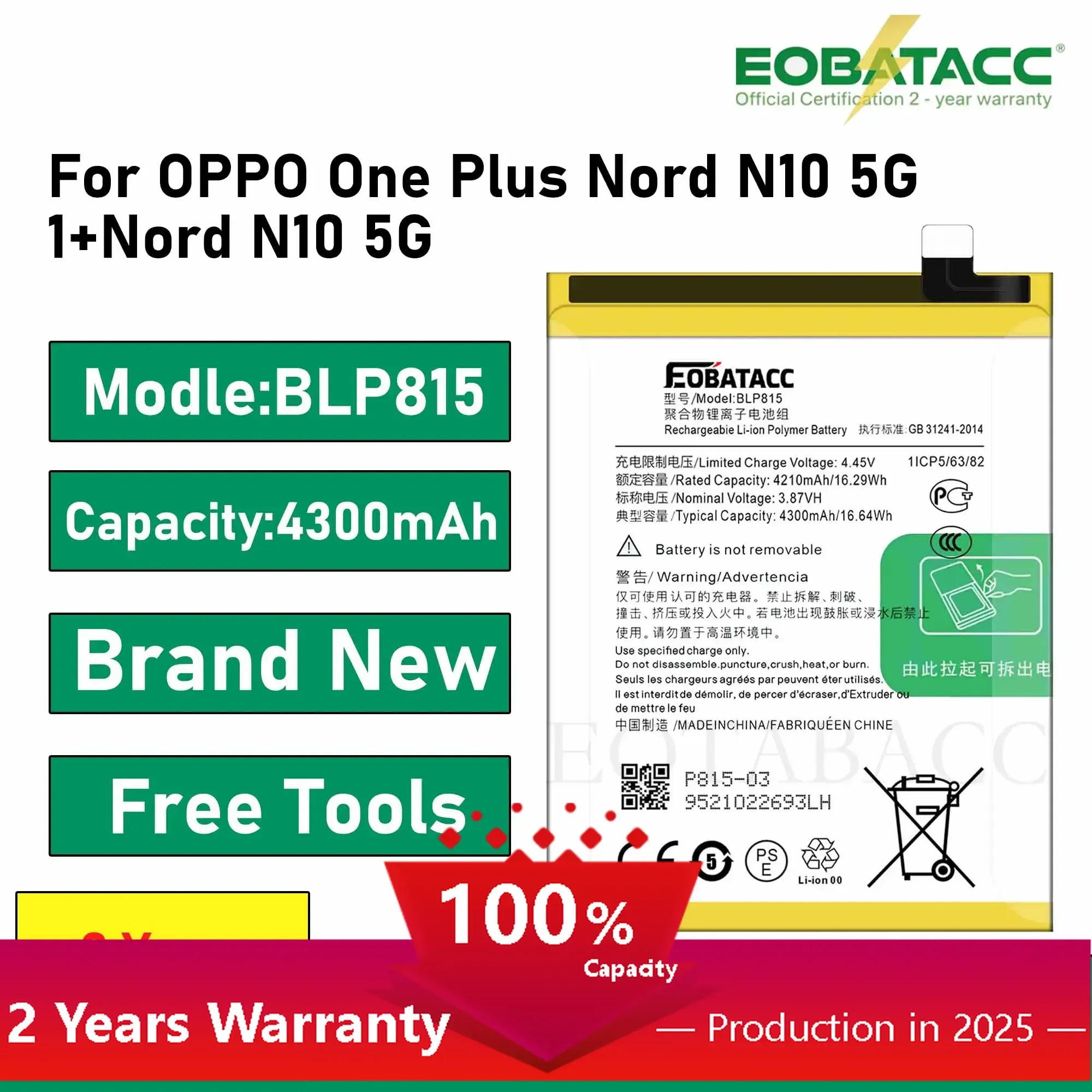 2025 Years EOBATACC 100% New 4300mAh BLP815 One Plus For Oneplus Nord N10 5G Smart Phone Battery +Free Tools
2025 Years EOBATACC 100% New 4300mAh BLP815 One Plus For Oneplus Nord N10 5G Smart Phone Battery +Free Tools