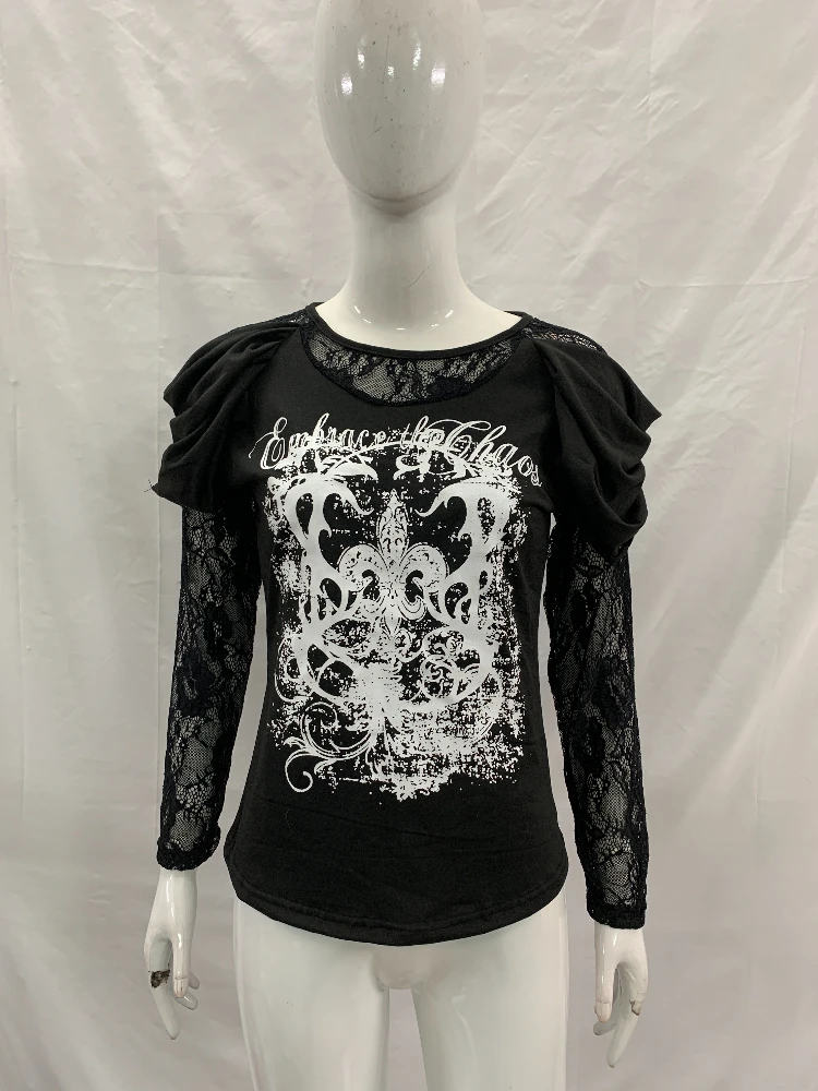 Autumn and Winter Dark Sweet Cool Lace Sleeves Long Sleeve T-shirt White Pattern Printed Slim Women's Top Y2K
Autumn and Winter Dark Sweet Cool Lace Sleeves Long Sleeve T-shirt White Pattern Printed Slim Women's Top Y2K