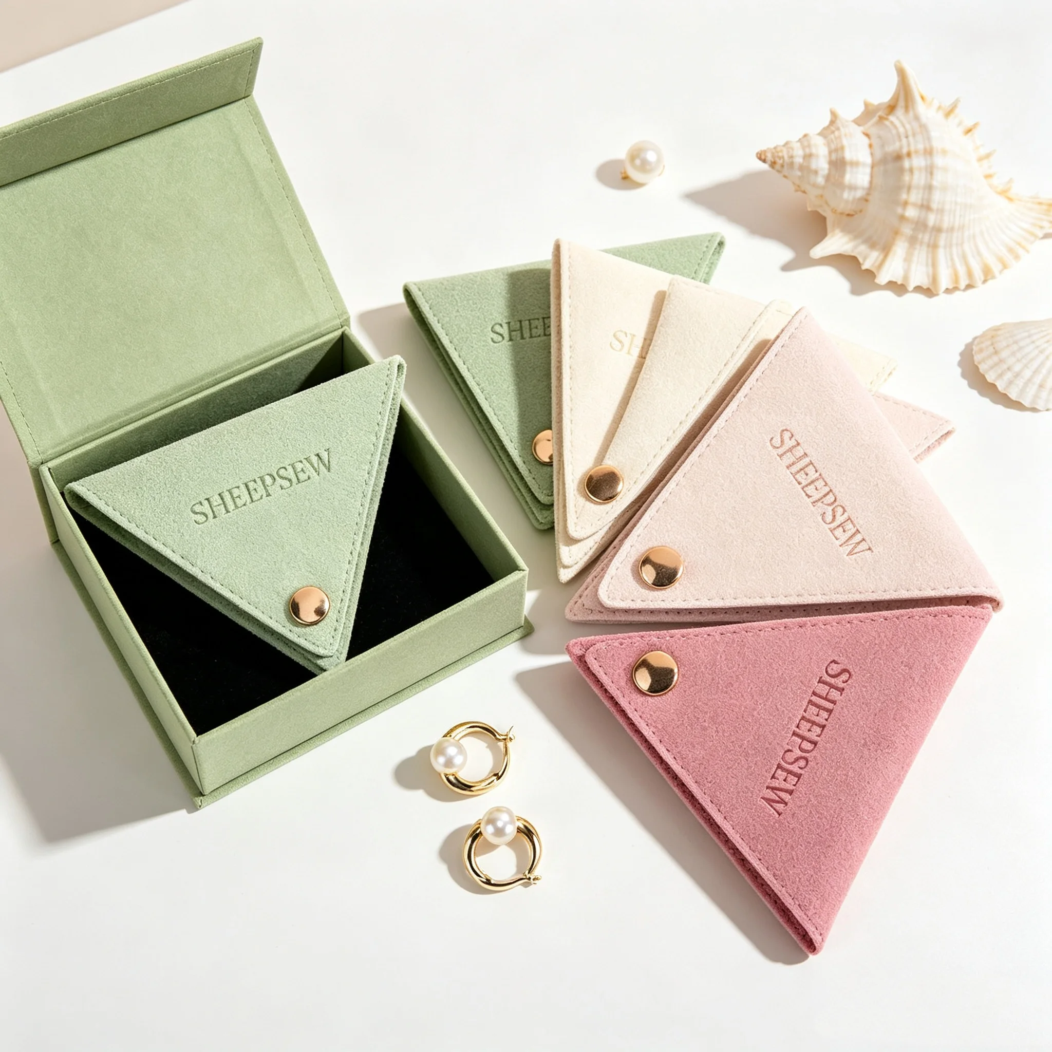 SHEEPSEW Wholesale Triangle Microfiber Button Jewelry Pouches Custom Embossed Logo Bulk Organizer Packaging For Rings Bracelets
SHEEPSEW Wholesale Triangle Microfiber Button Jewelry Pouches Custom Embossed Logo Bulk Organizer Packaging For Rings Bracelets