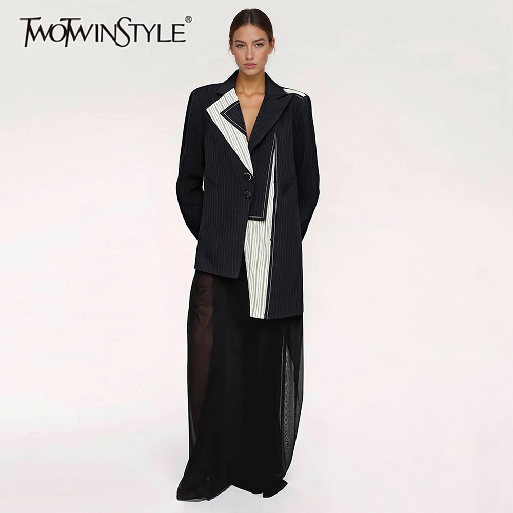TWOTWINSTYLE Hit Color Spliced Striped Irregular Blazers for Women Lapel Long Sleeves Patchwork Pockets Casual Blazer Female New
TWOTWINSTYLE Hit Color Spliced Striped Irregular Blazers for Women Lapel Long Sleeves Patchwork Pockets Casual Blazer Female New