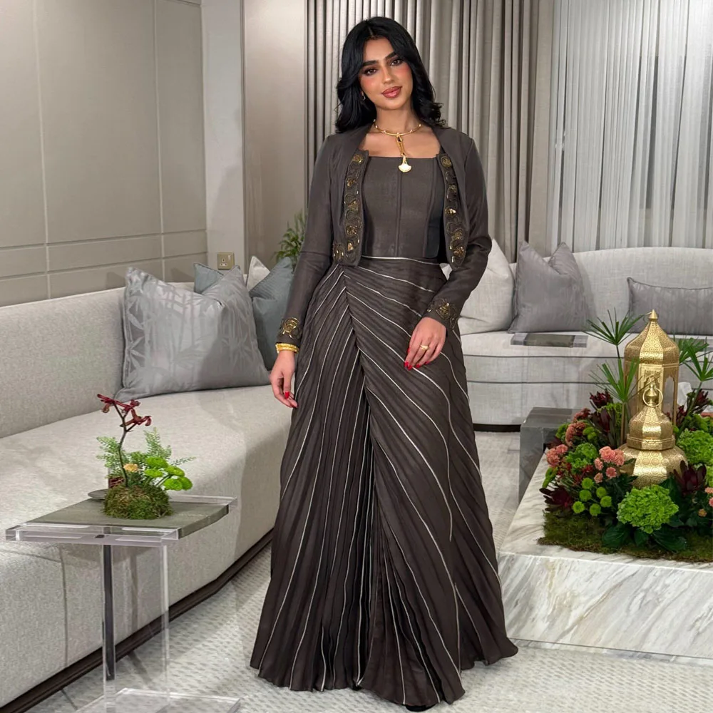 Customized Modest Corset Evening Gown with Jacket Pleated Striped Skirt Wedding Guest Outfit with Embellished Jacket
Customized Modest Corset Evening Gown with Jacket Pleated Striped Skirt Wedding Guest Outfit with Embellished Jacket