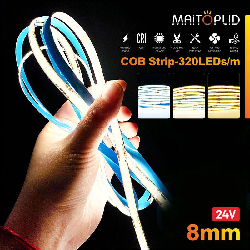 8mm COB LED Strip Light 320LEDs/m High Density Flexible 24V Tape Ribbon 3000-6500K RA90 Led Lights DC24V With Room Decoration
8mm COB LED Strip Light 320LEDs/m High Density Flexible 24V Tape Ribbon 3000-6500K RA90 Led Lights DC24V With Room Decoration