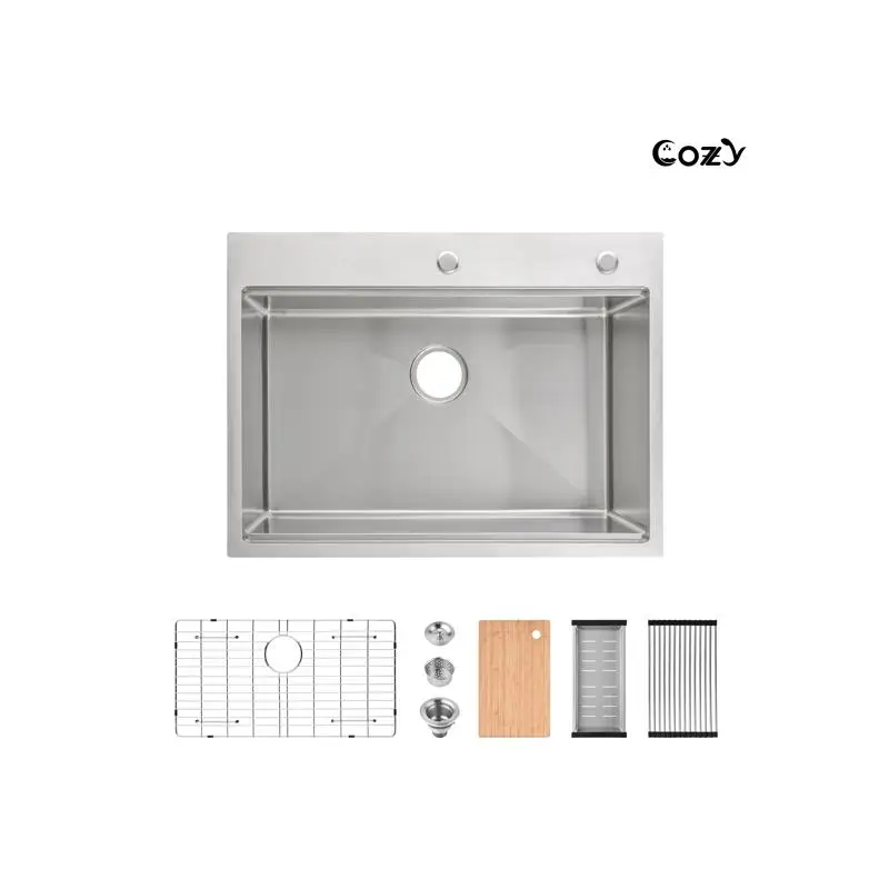 30" x 22" Stainless Steel Overmount Single Bowl Handmade Kitchen Sink with Cutting Board, Colander, and Grid - Weekend Shipping
30" x 22" Stainless Steel Overmount Single Bowl Handmade Kitchen Sink with Cutting Board, Colander, and Grid - Weekend Shipping