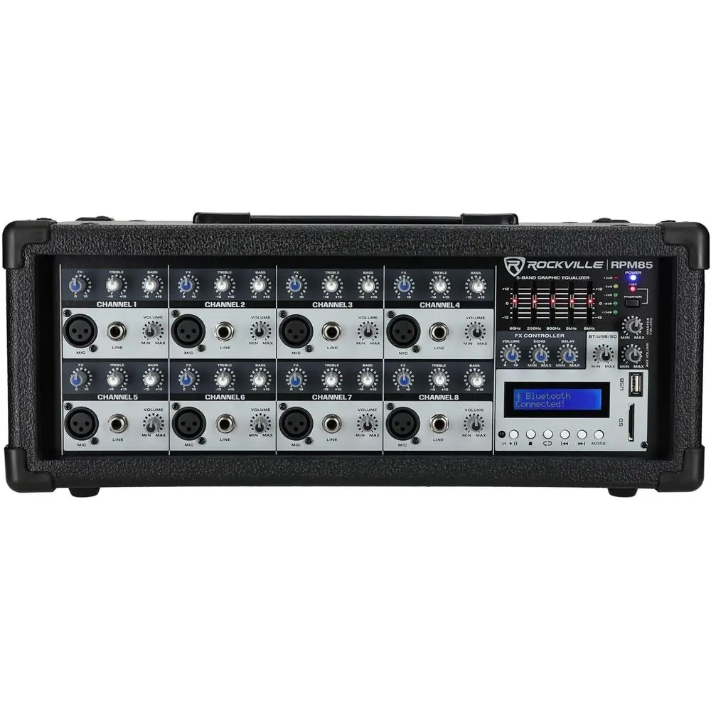 RPM85 2400W Powered 8 Channel Mixer, Bluetooth, USB/SD, 5 Band EQ, Adjustable Echo/Delay, +15V Phantom Power, or Live Music and
RPM85 2400W Powered 8 Channel Mixer, Bluetooth, USB/SD, 5 Band EQ, Adjustable Echo/Delay, +15V Phantom Power, or Live Music and