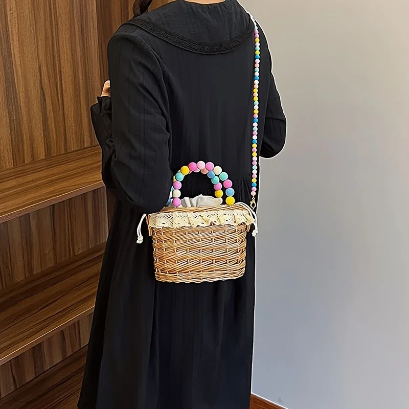 Shoulder Bag With Colorful Beads, Casual Paper Basket Purse For Vacation Shopping, Versatile Top-Handle Crossbody 
Shoulder Bag With Colorful Beads, Casual Paper Basket Purse For Vacation Shopping, Versatile Top-Handle Crossbody