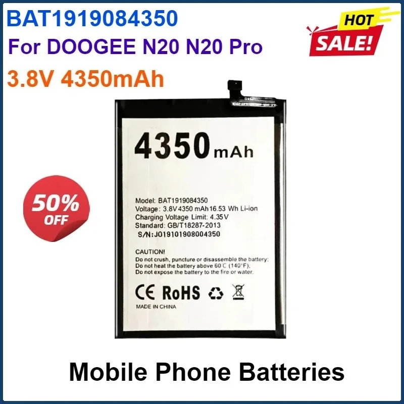 3.8V 4350mAh Rechargeable Mobile Phone Batteries BAT1919084350 For DOOGEE N20 / N20 Pro N20Pro Smartphone Portable Battery
3.8V 4350mAh Rechargeable Mobile Phone Batteries BAT1919084350 For DOOGEE N20 / N20 Pro N20Pro Smartphone Portable Battery