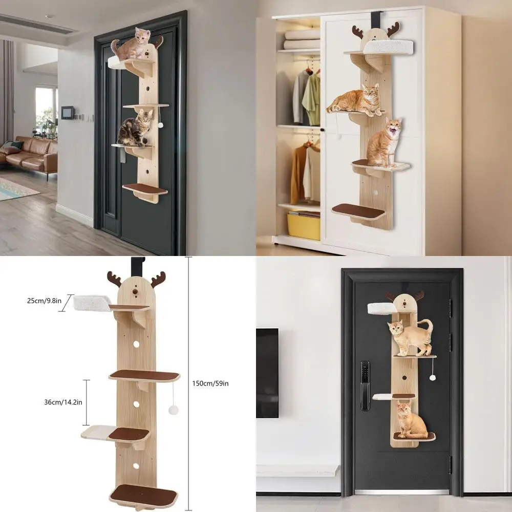 4-Tier Wooden Door-Mounted Cat Climbing Frame, Hanging Cat Tree with Shelves for Stairs and Living Spaces
4-Tier Wooden Door-Mounted Cat Climbing Frame, Hanging Cat Tree with Shelves for Stairs and Living Spaces