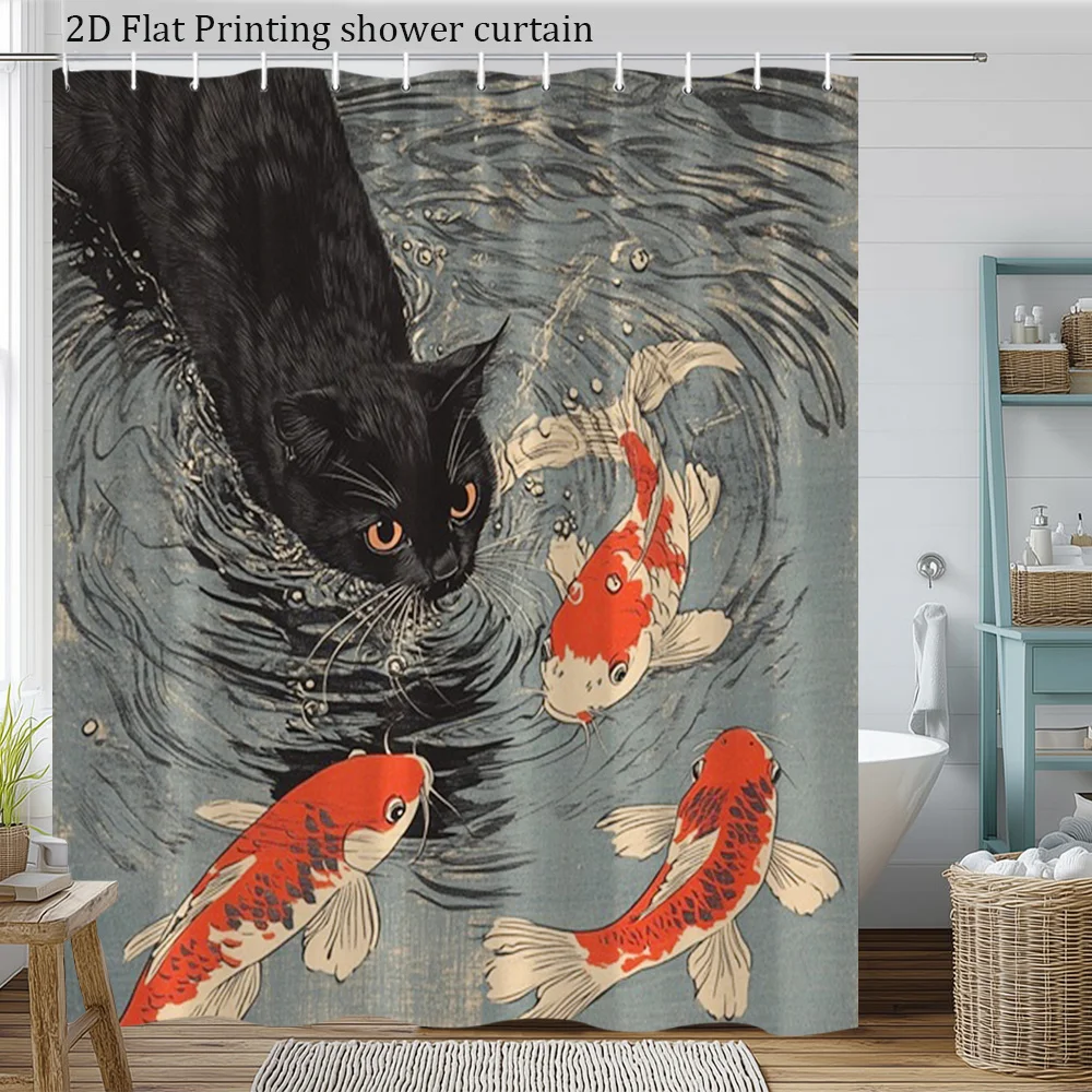 Japanese Style Black Cat And Koi Fish In Water Traditional Art Shower Curtain
Japanese Style Black Cat And Koi Fish In Water Traditional Art Shower Curtain