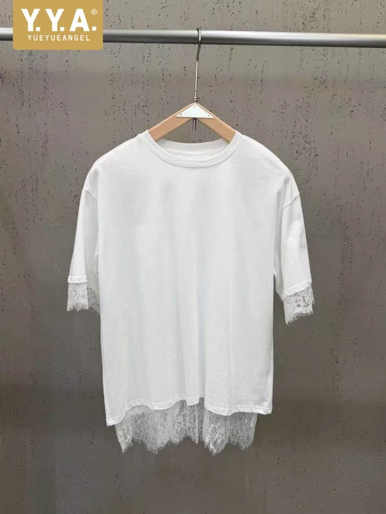 Summer Womens Fake Two Design Loose T-shirt Lace Patchwork Back Slit T-shirts Short Sleeve O Neck Tops Pullover Female Tees
Summer Womens Fake Two Design Loose T-shirt Lace Patchwork Back Slit T-shirts Short Sleeve O Neck Tops Pullover Female Tees