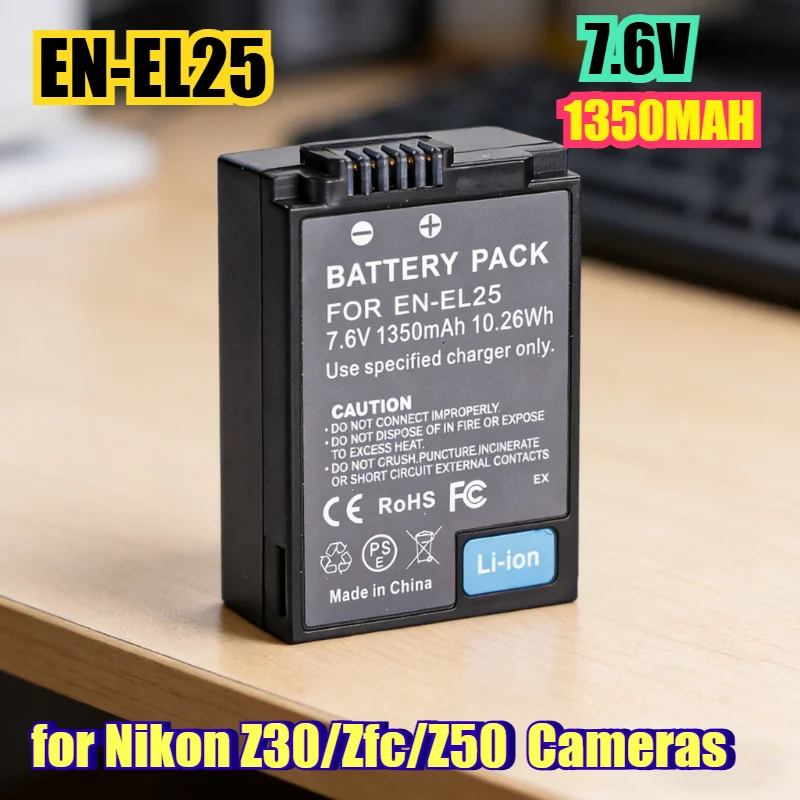 Аккумулятор повышенной емкости 1350 мАч для беззеркальных камер Nikon Z30/Zfc/Z50, совместимый с моделью аккумулятора EN-EL25
Аккумулятор повышенной емкости 1350 мАч для беззеркальных камер Nikon Z30/Zfc/Z50, совместимый с моделью аккумулятора EN-EL25