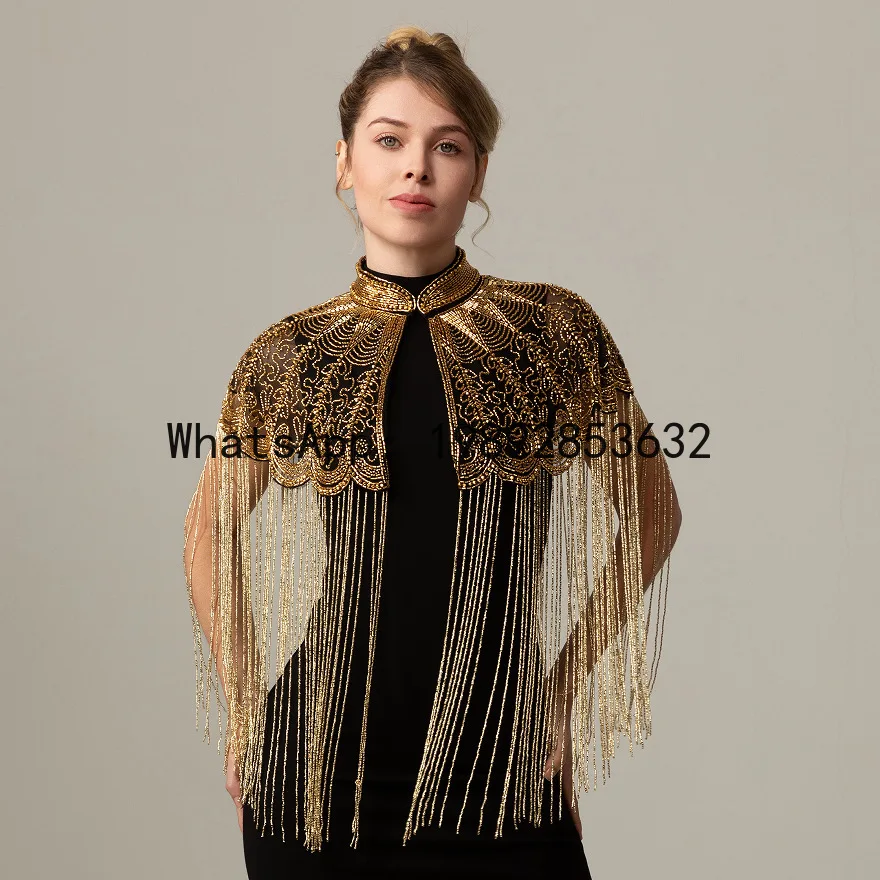 Heavy-duty beaded shawl, hand-beaded long tassel easiest for match evening dress cape
Heavy-duty beaded shawl, hand-beaded long tassel easiest for match evening dress cape