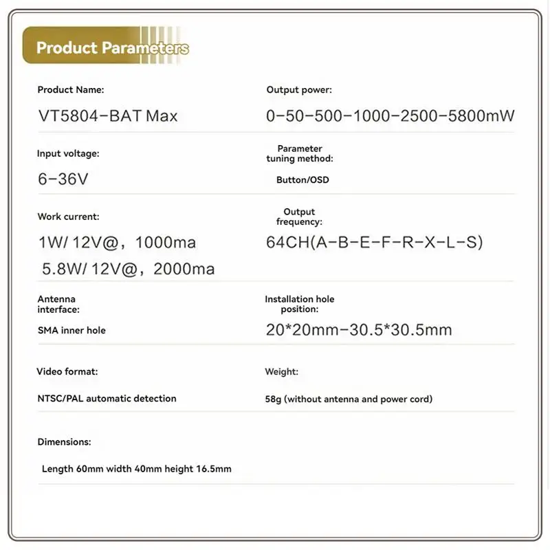 Reliable-VT5804 BAT-MAX 5.8G 5.8W VTX 64CH FPV Audio Video Transmitter OSD NTSC/PAL For Long Range RC FPV Racing Drone,VT5804 BA
Reliable-VT5804 BAT-MAX 5.8G 5.8W VTX 64CH FPV Audio Video Transmitter OSD NTSC/PAL For Long Range RC FPV Racing Drone,VT5804 BA
