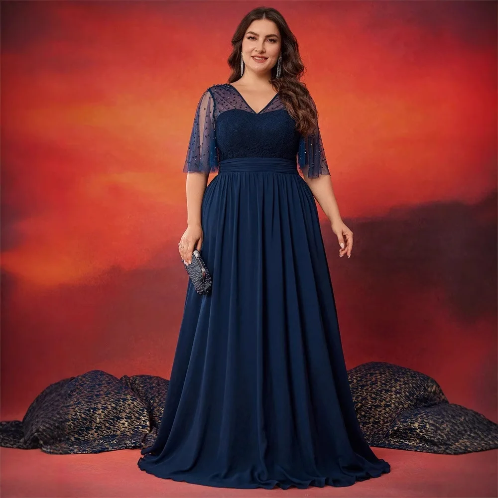 Plus Size Navy V Neck Beaded Sheer Flutter Half Sleeve Lace Chiffon Maxi Dress Empire Waist Flowy A Line Evening Gown
Plus Size Navy V Neck Beaded Sheer Flutter Half Sleeve Lace Chiffon Maxi Dress Empire Waist Flowy A Line Evening Gown