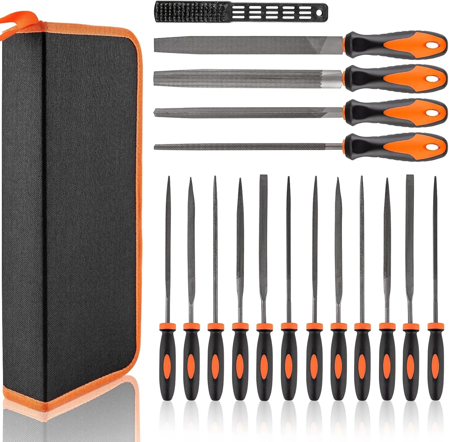 17PCS steel file set, equipped with brushed steel files, semi-circular, angular, circular, flat, and needle shaped plastic files
17PCS steel file set, equipped with brushed steel files, semi-circular, angular, circular, flat, and needle shaped plastic files