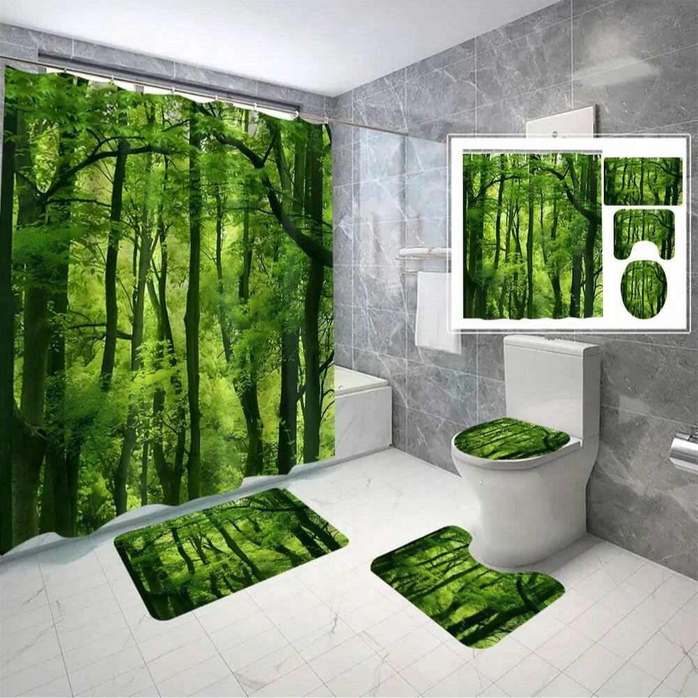 Green Forest Shower Curtain Set, Toilet Lid Cover U-Shape Rug Mat, Waterproof Bathtub Curtain, Bathroom Accessories With Hooks
Green Forest Shower Curtain Set, Toilet Lid Cover U-Shape Rug Mat, Waterproof Bathtub Curtain, Bathroom Accessories With Hooks