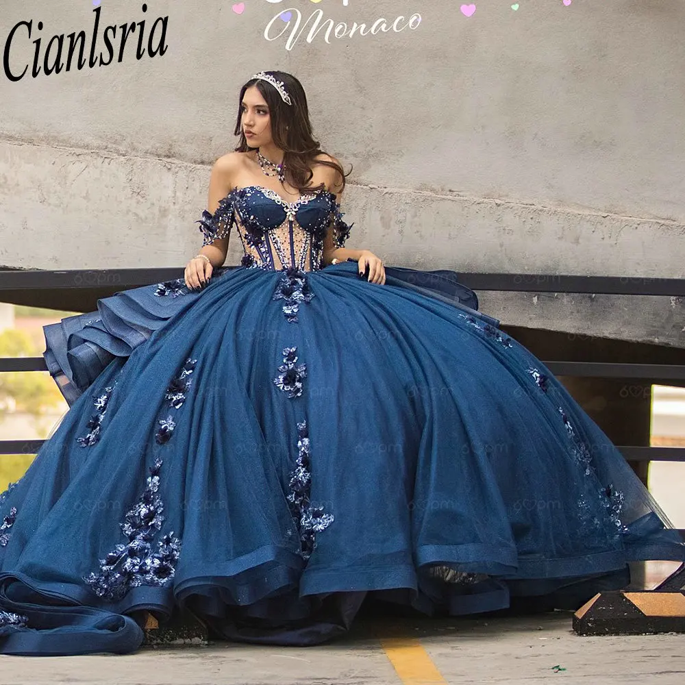 Navy Blue Illusion Beading Crystal Quinceanera Dresses Ball Gown 3D Flowers Appliques Lace Ruffles Sweet 15 Años Mexican
Navy Blue Illusion Beading Crystal Quinceanera Dresses Ball Gown 3D Flowers Appliques Lace Ruffles Sweet 15 Años Mexican