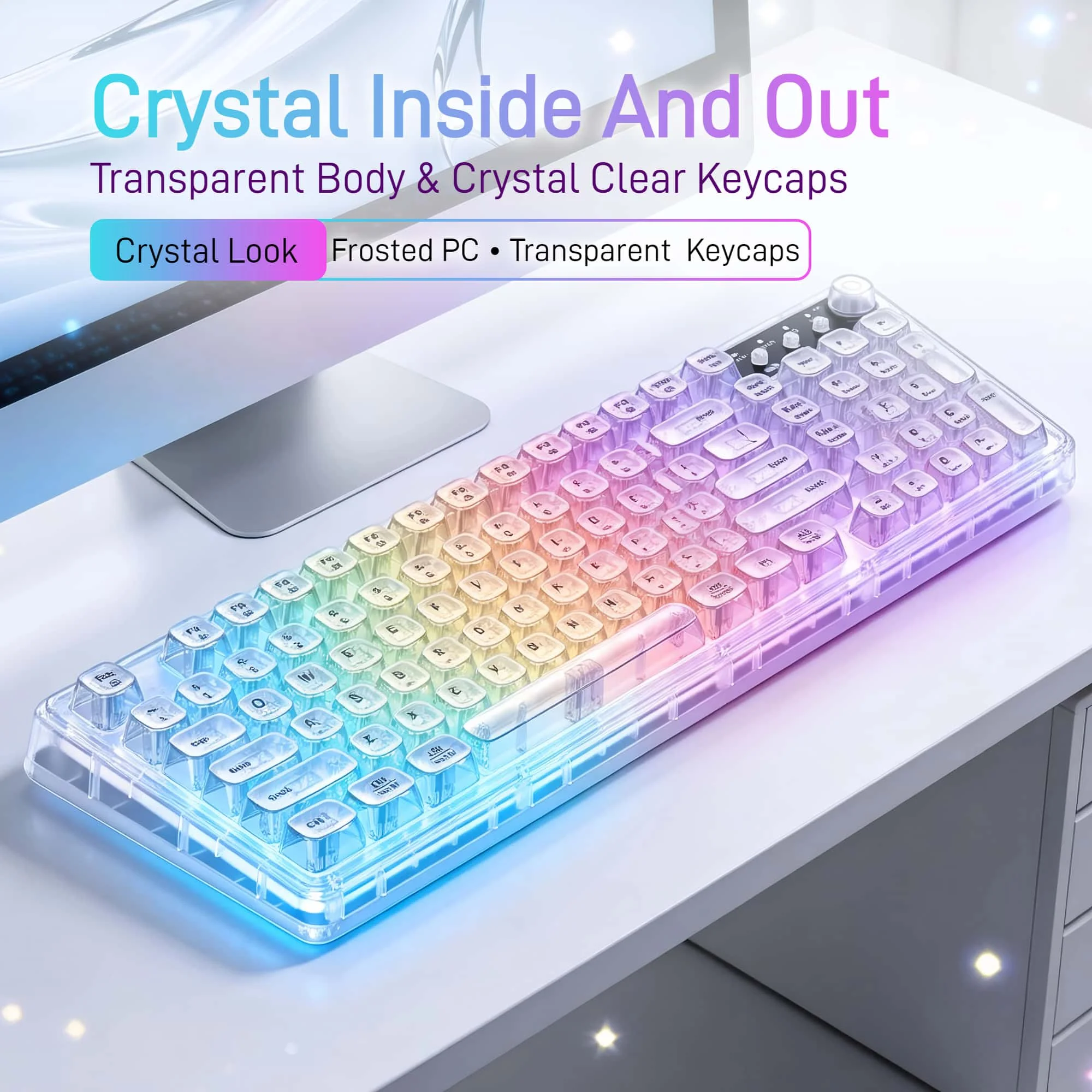 F99 Gasket Transparent Wireless Gaming Keyboard, Tri‑Mode 2.4G/BT/USB‑C, 99‑Key 1800 Compact Layout, RGB Clear PC Keycaps, Mechanical‑Like Typing Feel for Office & Desk Setup
F99 Gasket Transparent Wireless Gaming Keyboard, Tri‑Mode 2.4G/BT/USB‑C, 99‑Key 1800 Compact Layout, RGB Clear PC Keycaps, Mechanical‑Like Typing Feel for Office & Desk Setup