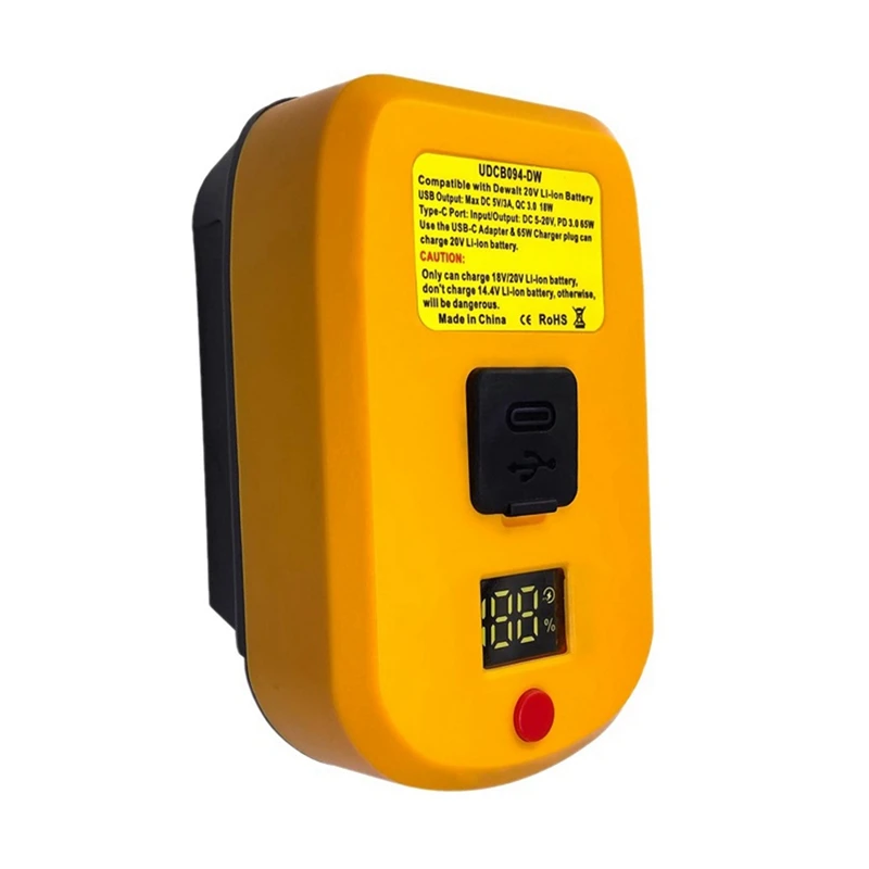 65W Adapter Charger For Dewalt 18V Li-Ion Battery With Type-C Port And USB Port Reverse USB Charge Adapter Converter 110X70x50mm 
65W Adapter Charger For Dewalt 18V Li-Ion Battery With Type-C Port And USB Port Reverse USB Charge Adapter Converter 110X70x50mm