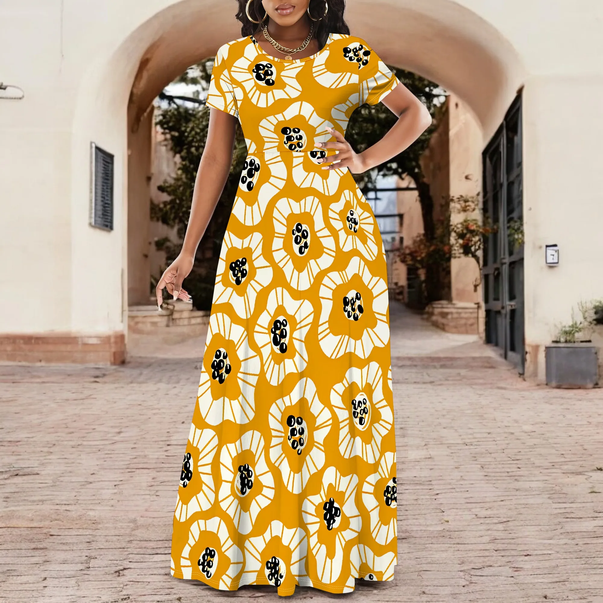 Retro Yellow Floral Print Maxi Dress for Women Summer Short Sleeve African Style Vacation Long Dress
Retro Yellow Floral Print Maxi Dress for Women Summer Short Sleeve African Style Vacation Long Dress