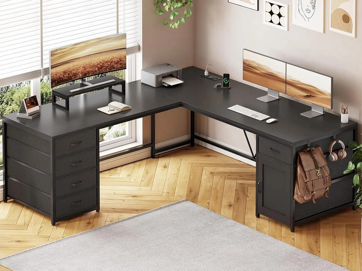 #L Shaped 63'' Computer Desk with 5 Drawer & Power Outlet Monitor Shelf Storage Cabinet for Home Office Corner, Customized
#L Shaped 63'' Computer Desk with 5 Drawer & Power Outlet Monitor Shelf Storage Cabinet for Home Office Corner, Customized