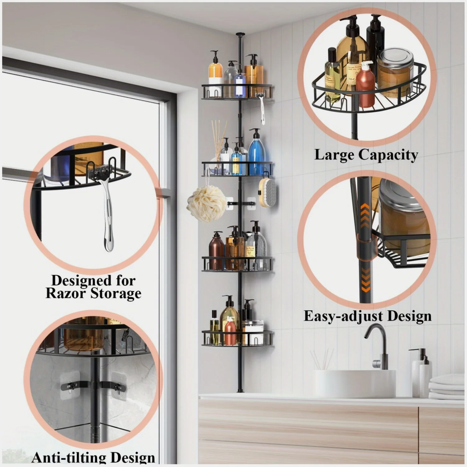 4-Tier Rust-Resistant Corner Shower Caddy with Adjustable Tension Pole (42–115 in) — Sleek Black Freestanding Organizer for Shelves, Hooks & Daily Essentials
4-Tier Rust-Resistant Corner Shower Caddy with Adjustable Tension Pole (42–115 in) — Sleek Black Freestanding Organizer for Shelves, Hooks & Daily Essentials