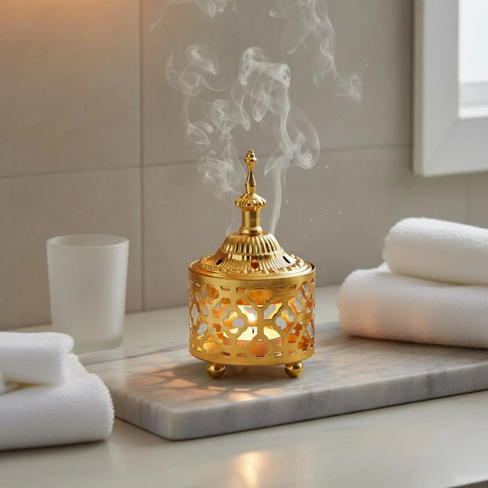 Golden Metal Censer Multi-Functional Hollow-Carved Fragrant Resin Holder Arabic Design Bakhoor Burner Subtle Luxury House
Golden Metal Censer Multi-Functional Hollow-Carved Fragrant Resin Holder Arabic Design Bakhoor Burner Subtle Luxury House