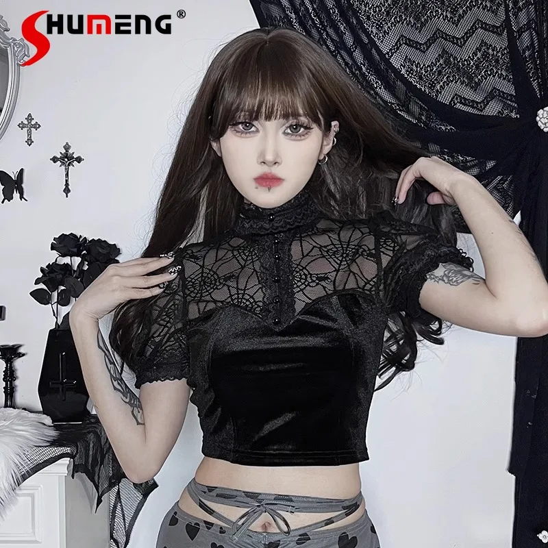 Japanese Lolita Black Gothic Vintage Lace Top Women's Dark Style Hot Girl Stitching Mesh Tight T-shirt Short Slim Cool Pullovers
Japanese Lolita Black Gothic Vintage Lace Top Women's Dark Style Hot Girl Stitching Mesh Tight T-shirt Short Slim Cool Pullovers