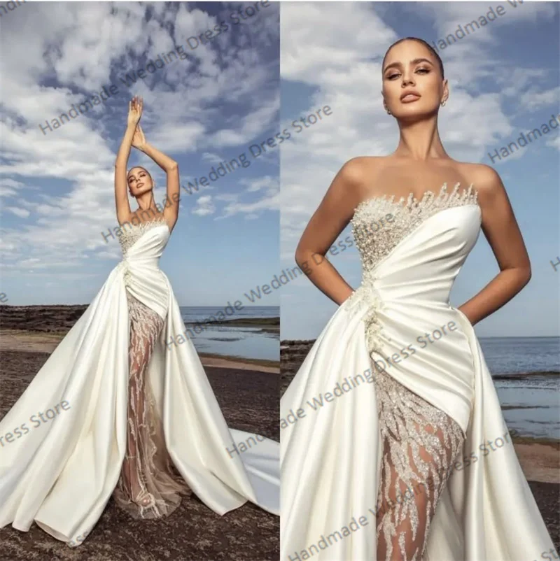 Crystals Satin Wedding Dress Overskirt Sexy Strapless Sleeveless Ruffles Mermaid Bridal Gown Customized Beach Garden Long Robe
Crystals Satin Wedding Dress Overskirt Sexy Strapless Sleeveless Ruffles Mermaid Bridal Gown Customized Beach Garden Long Robe
