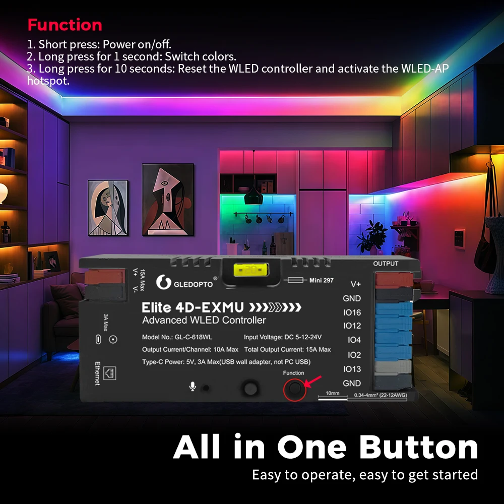 GLEDOPTO Smart 4CH 618WL RGB LED Controller Ethernet and WiFi ESP32 Core Voice Control & Music Reactive Lighting for DIY Project