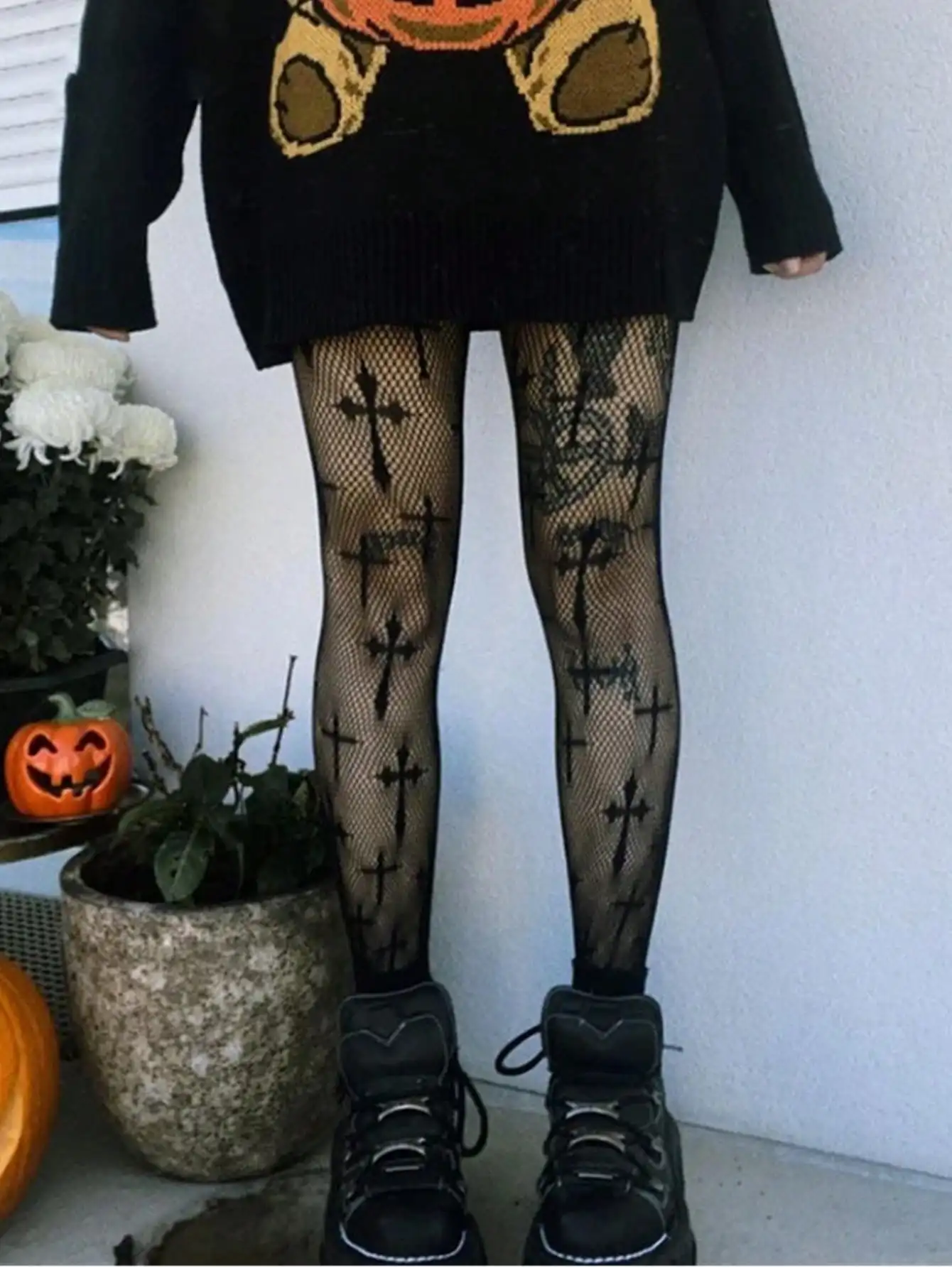 Women's Punk Gothic Cross Print Fishnet Thigh High Sheer Tights for Halloween Costume
Women's Punk Gothic Cross Print Fishnet Thigh High Sheer Tights for Halloween Costume